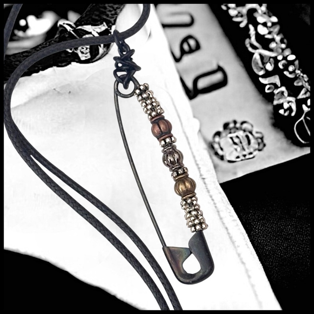 5 For $25💫Punk Rocker Black Safety Pin Beads Pendant Necklace